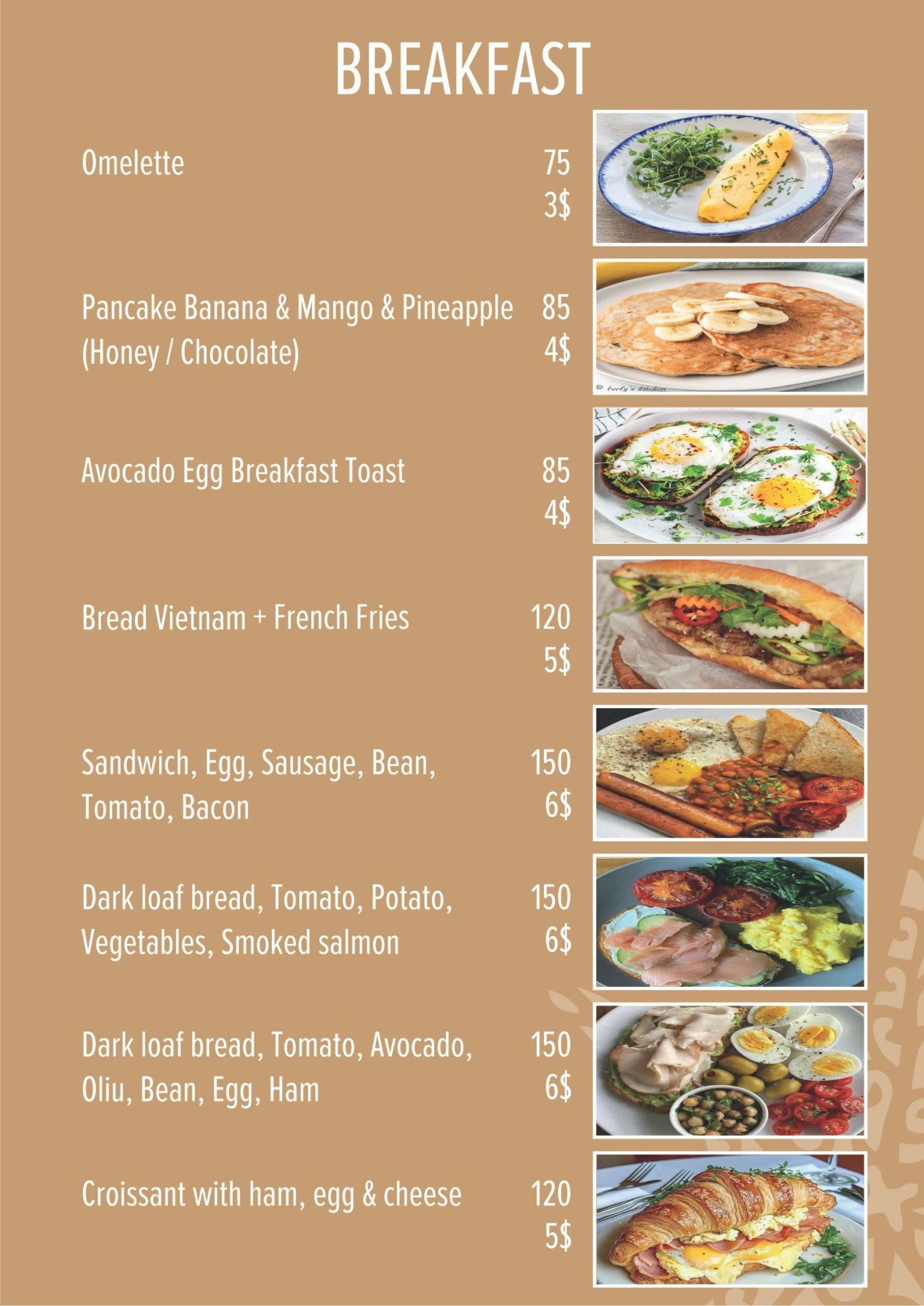 Starfish An Bang breakfast menu with dishes and prices